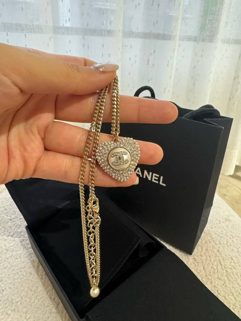 Chanel Pearl Crystal CC Heart Necklace