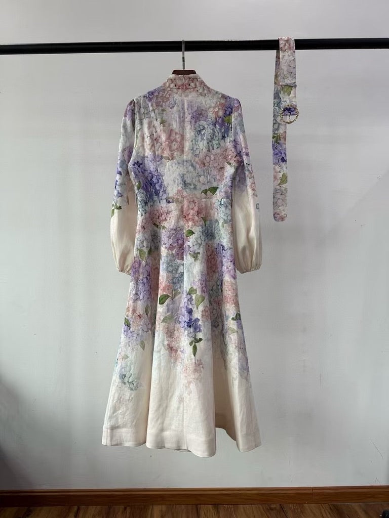 Zimmermann Floral Belted Linen Midi Dress, Size AU 1/2/3
