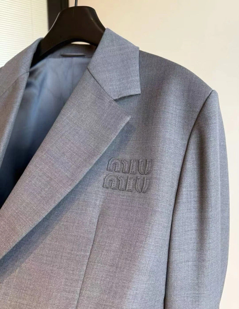 Miu Miu Logo Embroidered Oversized Wool Blazer Jacket in Gray, Size 36/38/40