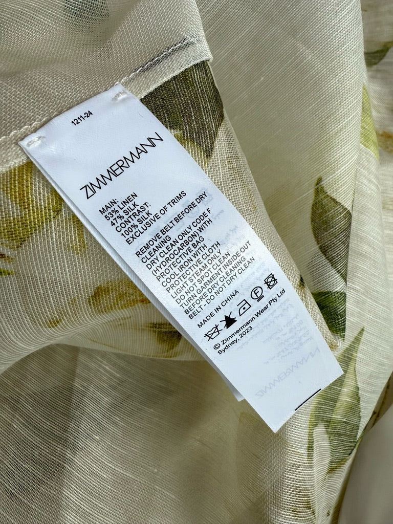 Zimmermann Harmony Floral Print Silk/Linen Blend Maxi Shirt Dress, Size AU 1/2