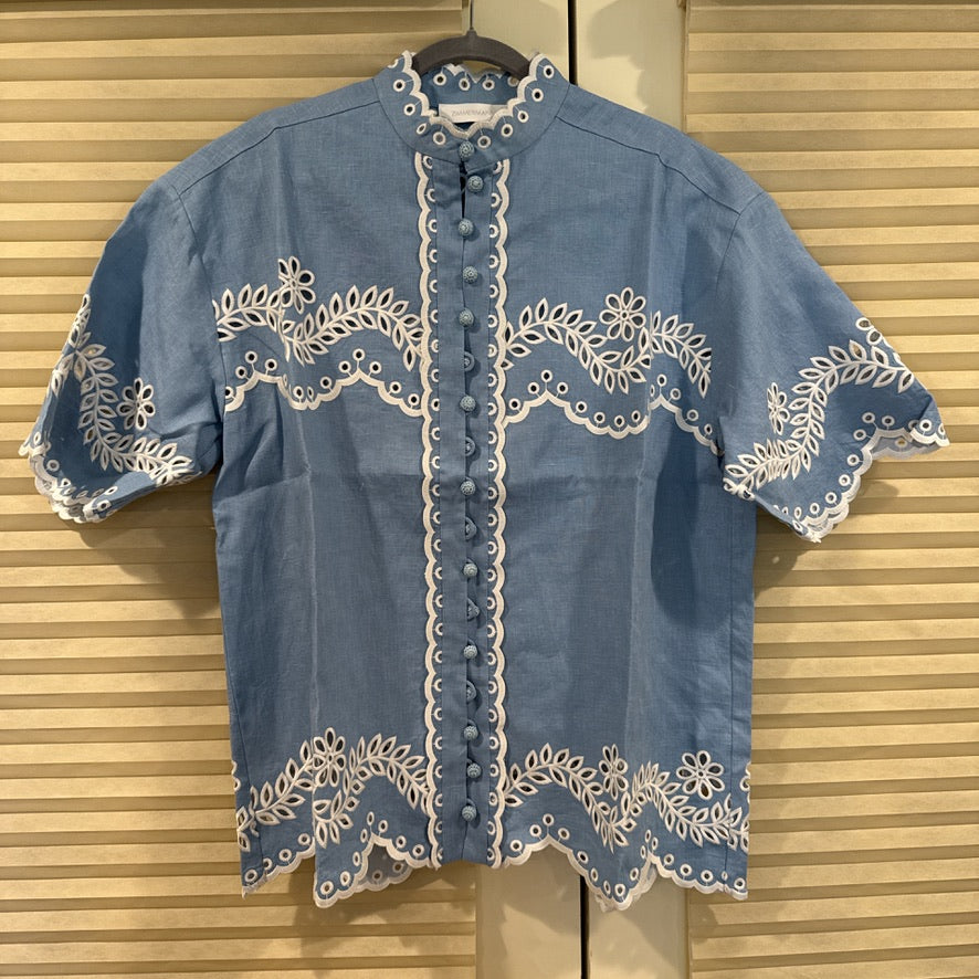 Zimmermann Linen Button Shirt & Belted Shorts Set in Blue, Size AU 1/2/3