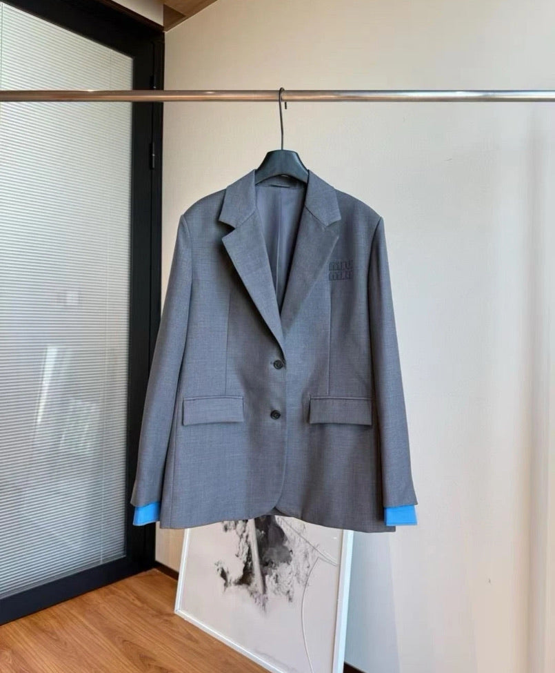 Miu Miu Logo Embroidered Oversized Wool Blazer Jacket in Gray, Size 36/38/40