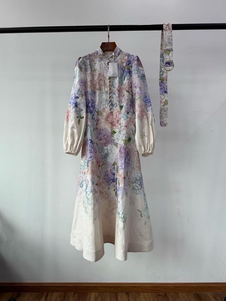 Zimmermann Floral Belted Linen Midi Dress, Size AU 1/2/3