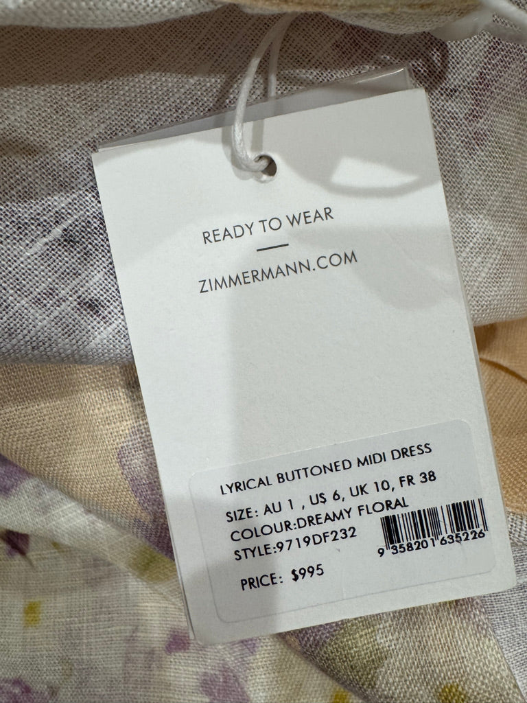 Zimmermann Floral Buttoned Belted Linen Midi Dress, Size AU 1/2