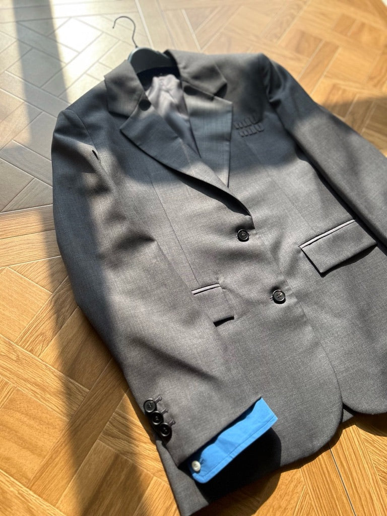 Miu Miu Logo Embroidered Oversized Wool Blazer Jacket in Gray, Size 36/38/40