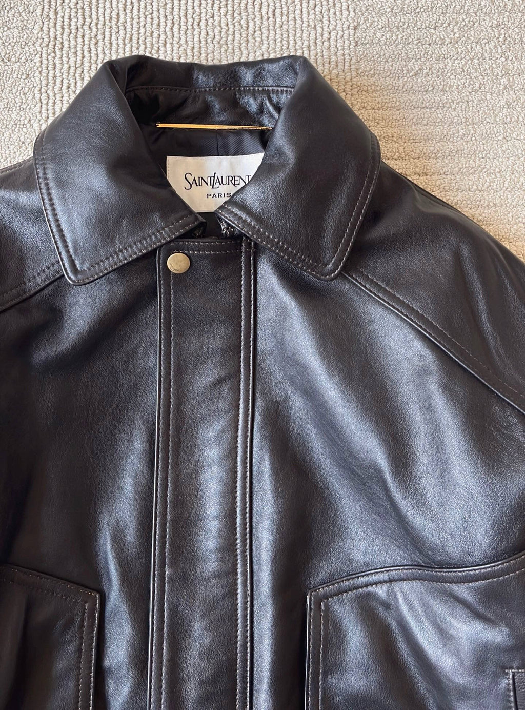 Saint Laurent Bomber Jacket in Grained Leather Dark Brown, Size 36/38/40