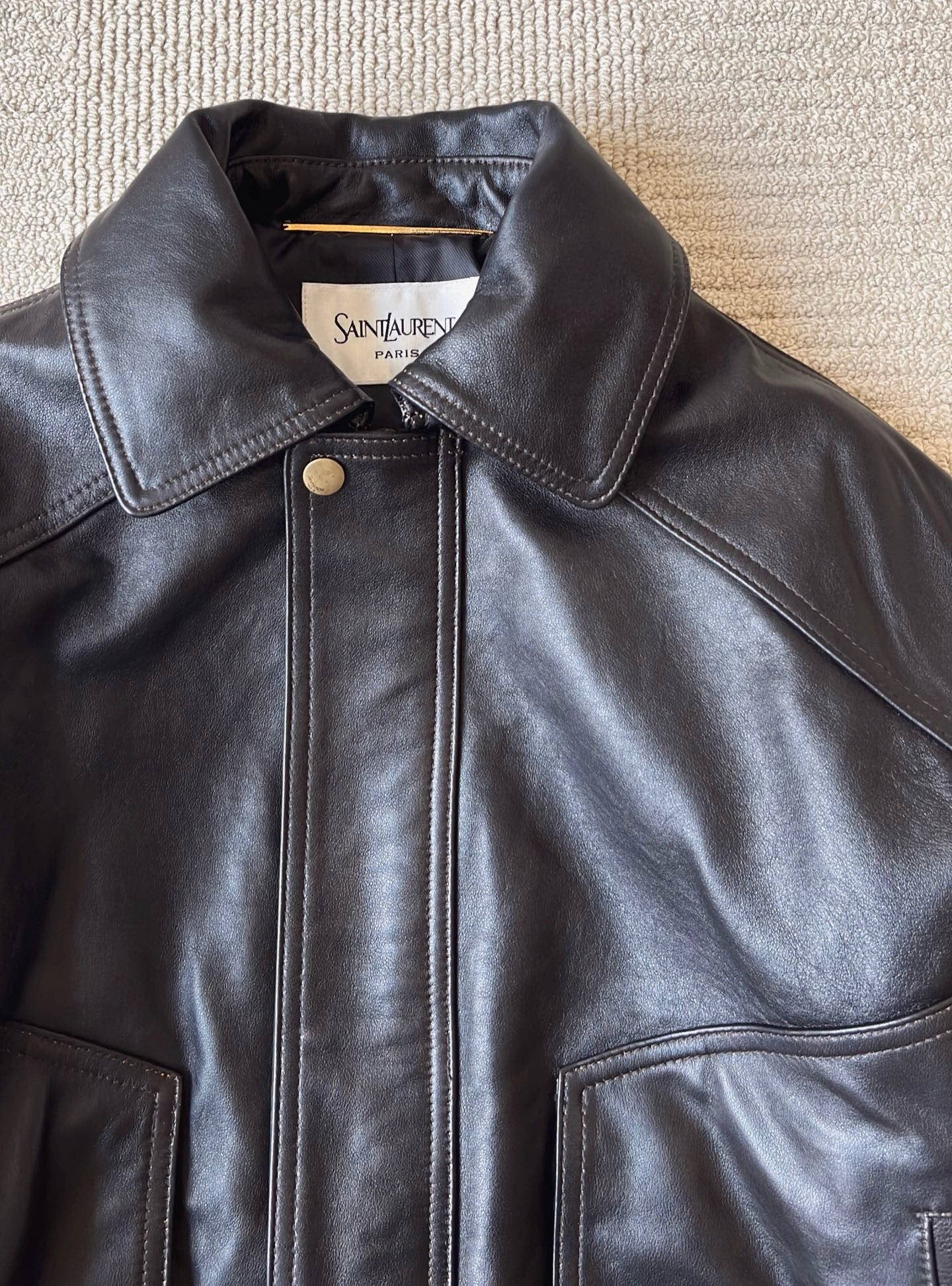 Saint Laurent Bomber Jacket in Grained Leather Dark Brown, Size 36/38/40