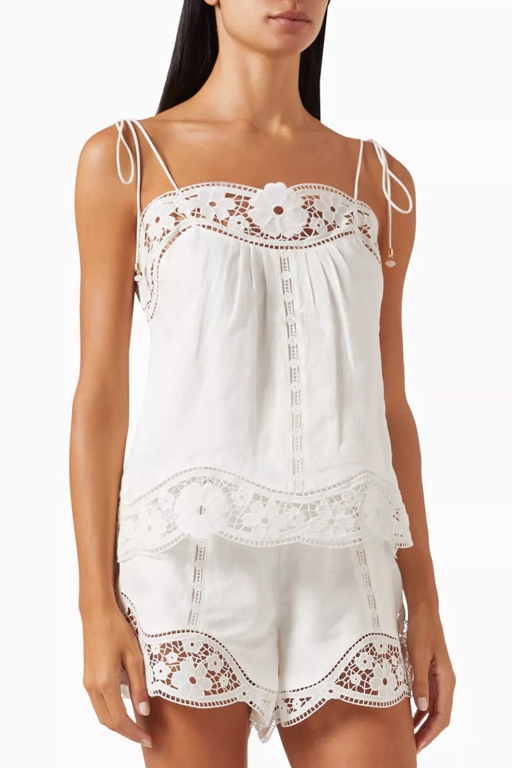 Zimmermann Linen Cami and Shorts Set in White, Size AU 0/1