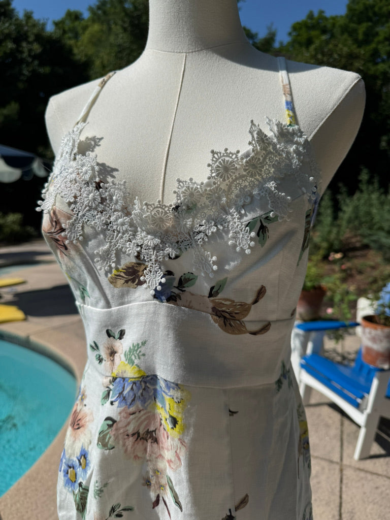 Zimmermann Lace Trim Floral Linen Sundress, Size AU 1/2