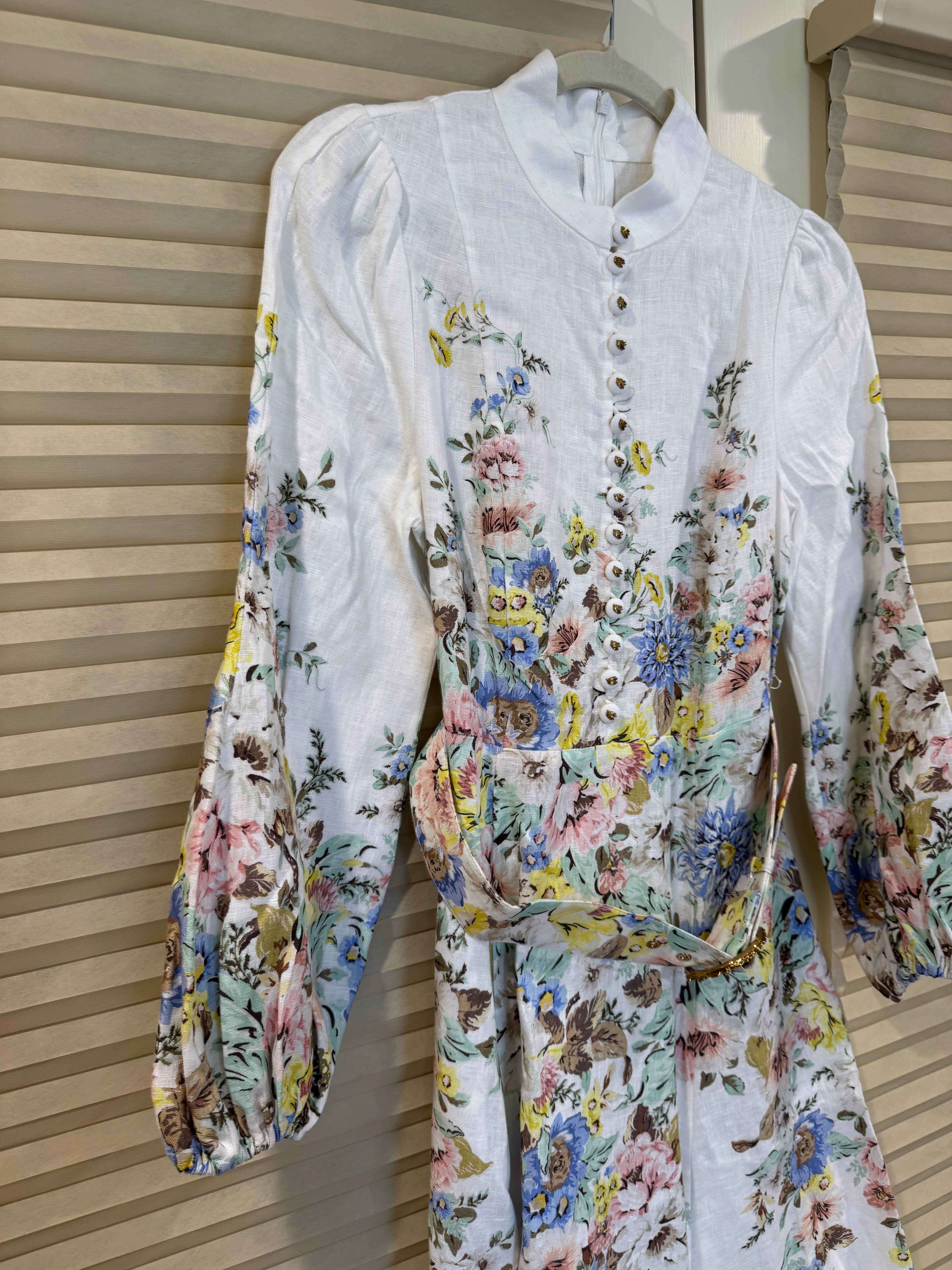 Zimmermann Floral Belted Linen Midi Dress, Size AU 2