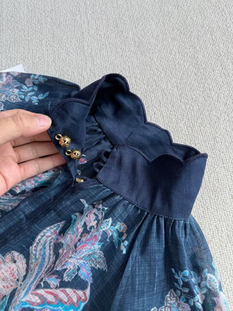 Zimmermann Floral Ramie Blouse & Belted Linen Shorts Set in Navy, Size AU 1/2/3