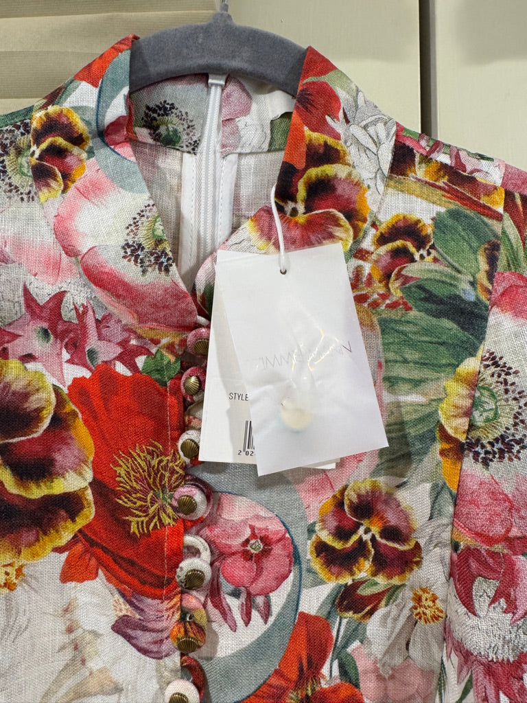 Zimmermann Buttoned Belted Linen Minidress in Red Floral, Size AU 2