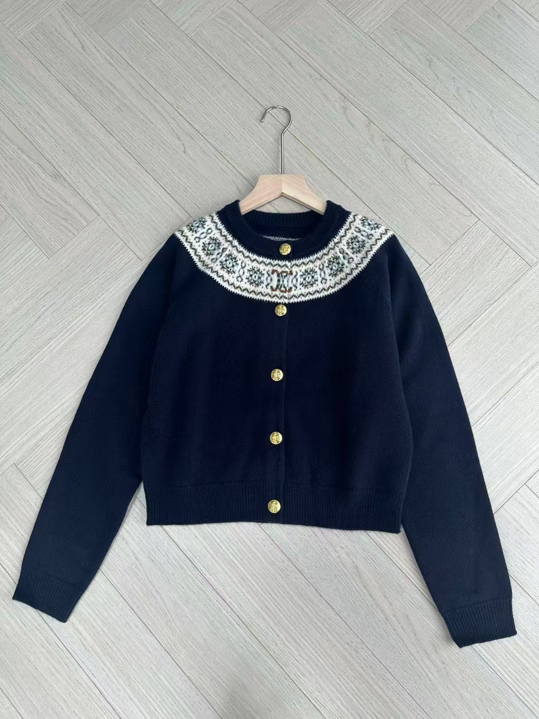 Celine Dark Blue Cardigan in Fair Isle Cashmere, Size S/M/L