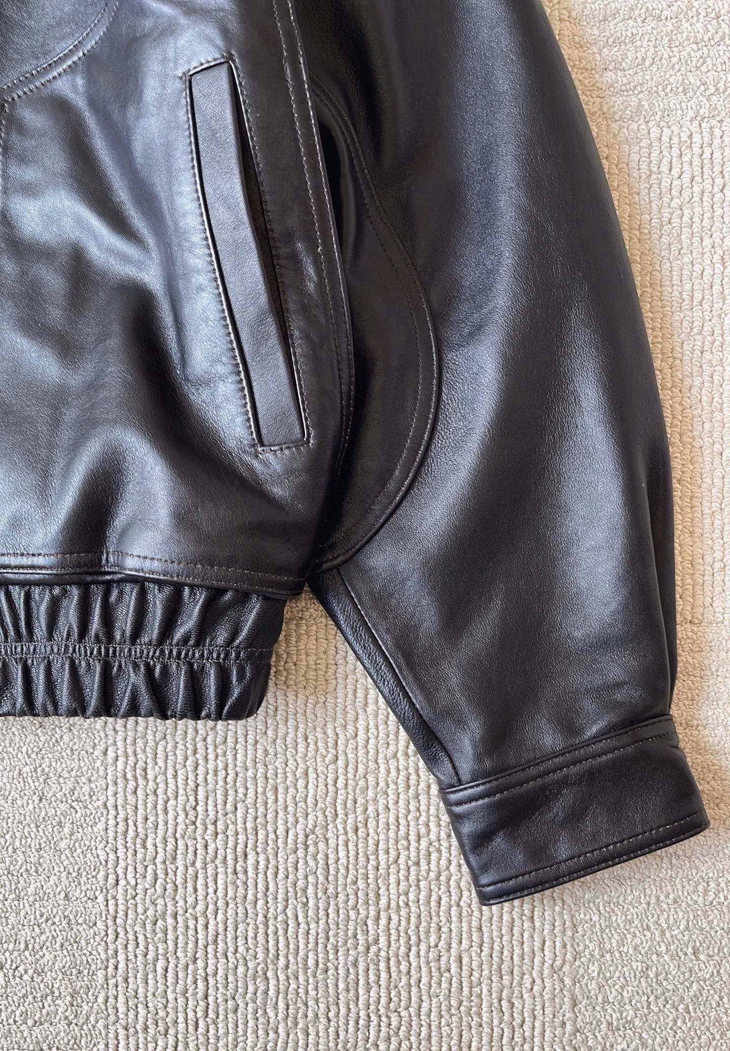 Saint Laurent Bomber Jacket in Grained Leather Dark Brown, Size 36/38/40