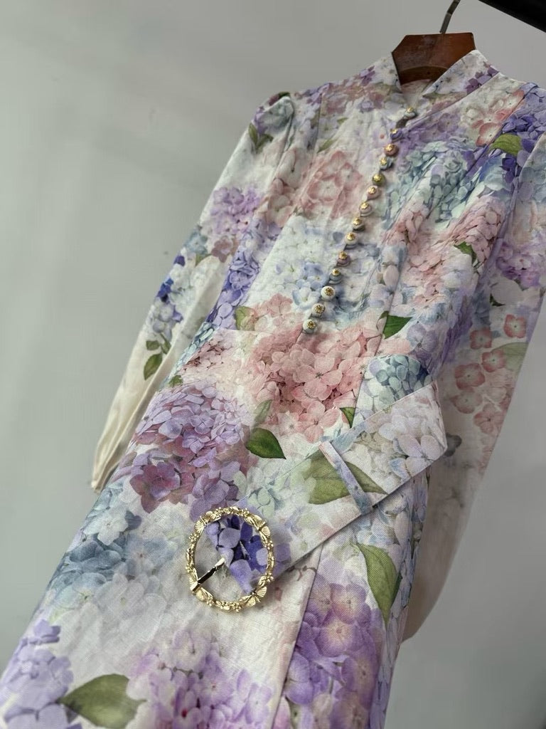 Zimmermann Floral Belted Linen Midi Dress, Size AU 1/2/3