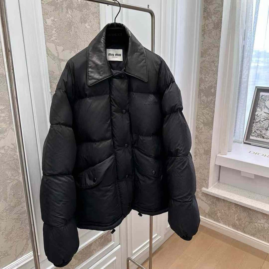 Miu Miu Technical Ponge Cropped Down Jacket in Black, Size S/M/L