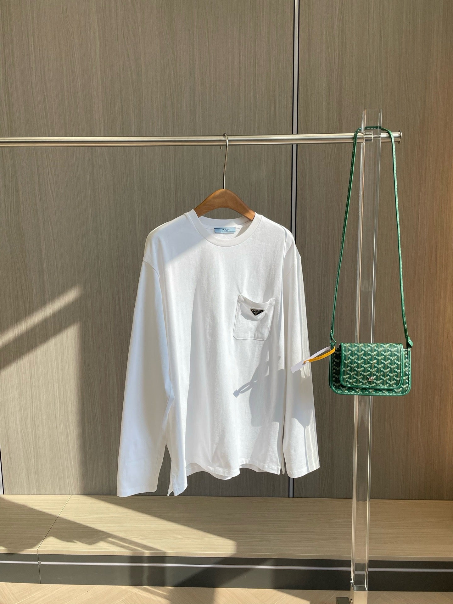 Prada Unisex Pocket Logo Long Sleeve T-Shirt in White, Size S/M/L/XL