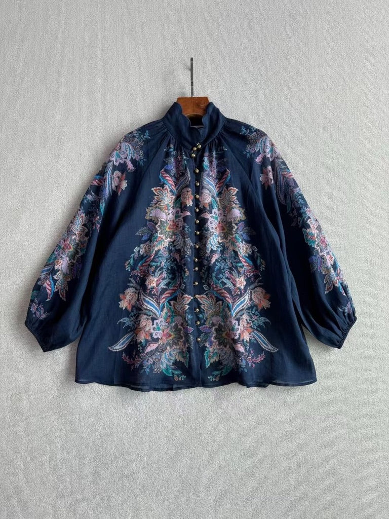 Zimmermann Floral Ramie Blouse & Belted Linen Shorts Set in Navy, Size AU 1/2/3