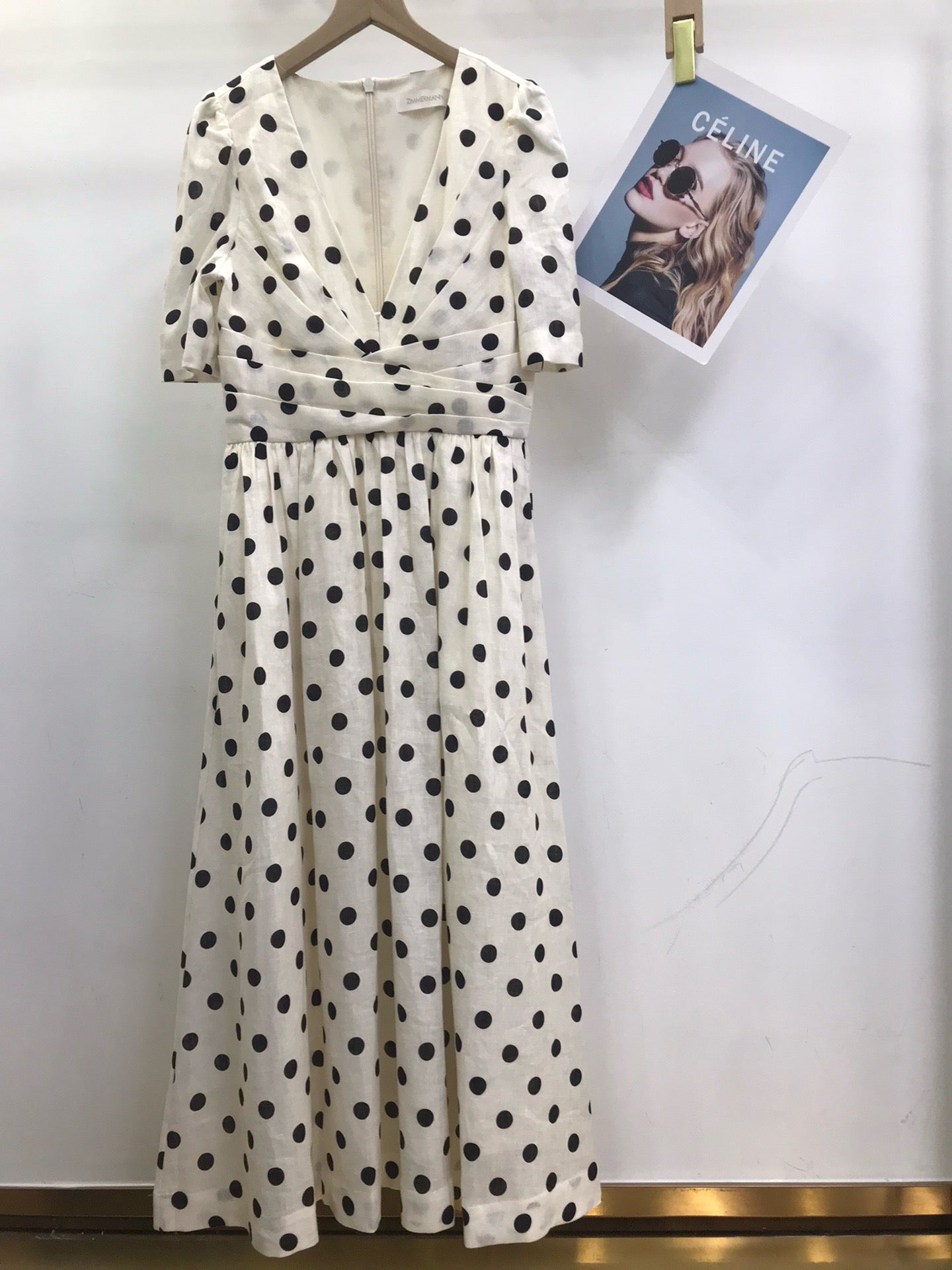 Zimmermann Polka Dot Linen Midi Dress in Cream, Size AU 0/1/2/3