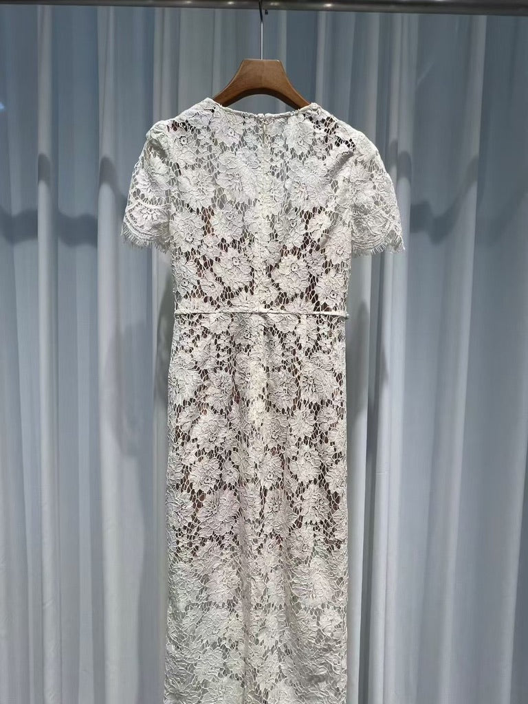 Self-Portrait Cream Fine Lace Pearl Midi Dress, Size US 2/4/6/8