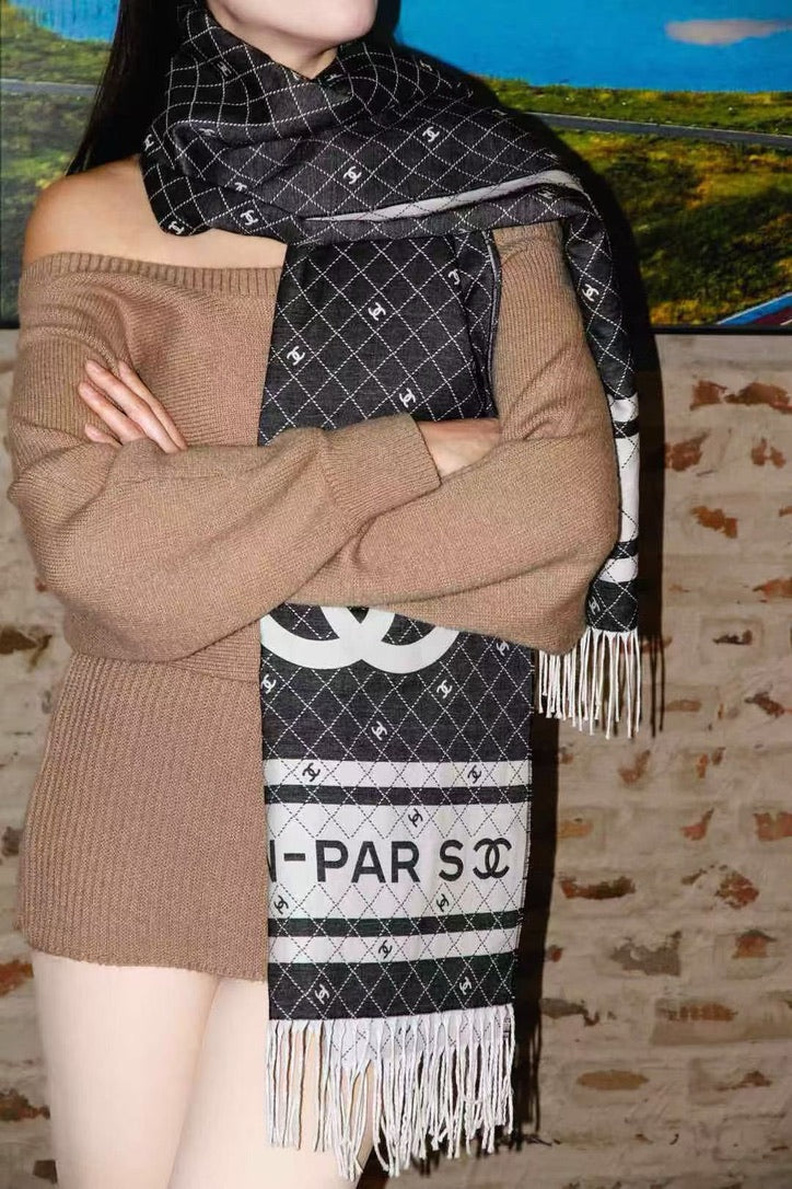Chanel Logo Cotton/Silk Blend Scarf Black