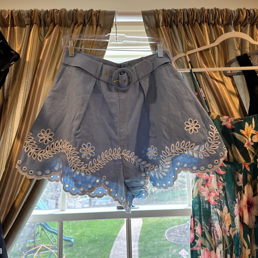 Zimmermann Linen Button Shirt & Belted Shorts Set in Blue, Size AU 1/2/3