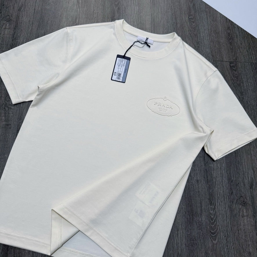 Prada Logo Cotton T-Shirt in Beige, Size XL