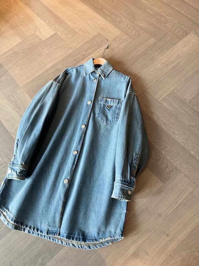 Prada Triangle Logo Demin Shirt Midi Dress, Size 38/40