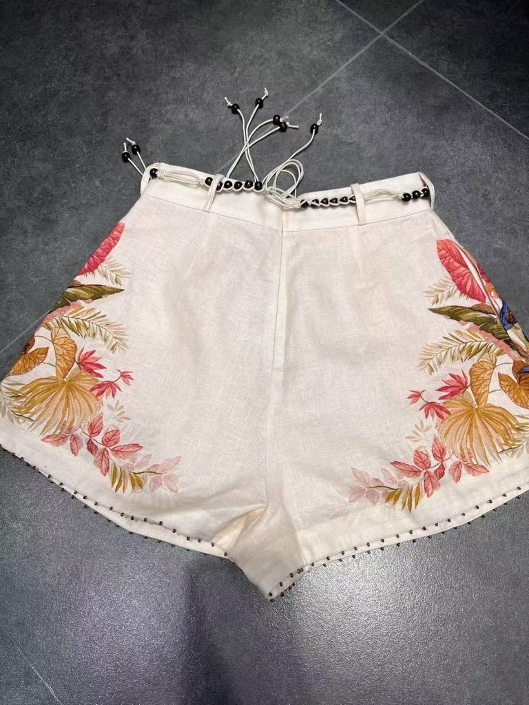 Zimmermann Ramie Blouse & Embellished Belted Linen Shorts Set in Cream Floral, Size AU 0/1/2/3
