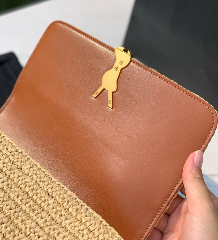 Saint Laurent Raffia Calfskin Medium Monogram Solferino Satchel
