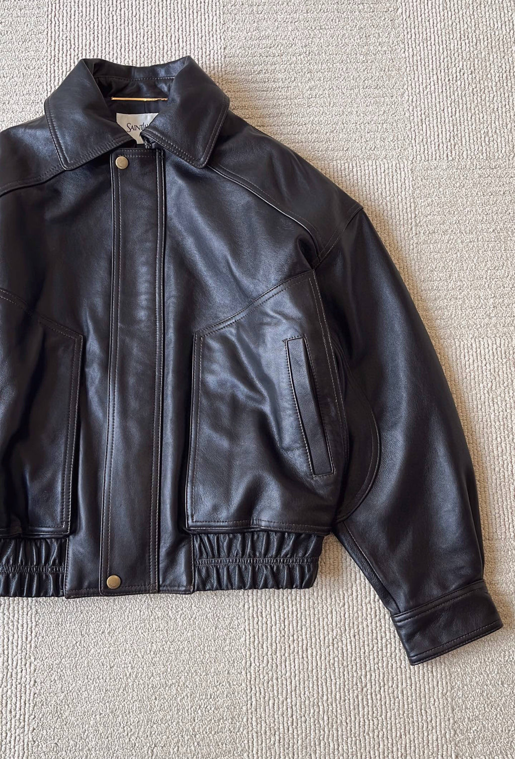 Saint Laurent Bomber Jacket in Grained Leather Dark Brown, Size 36/38/40