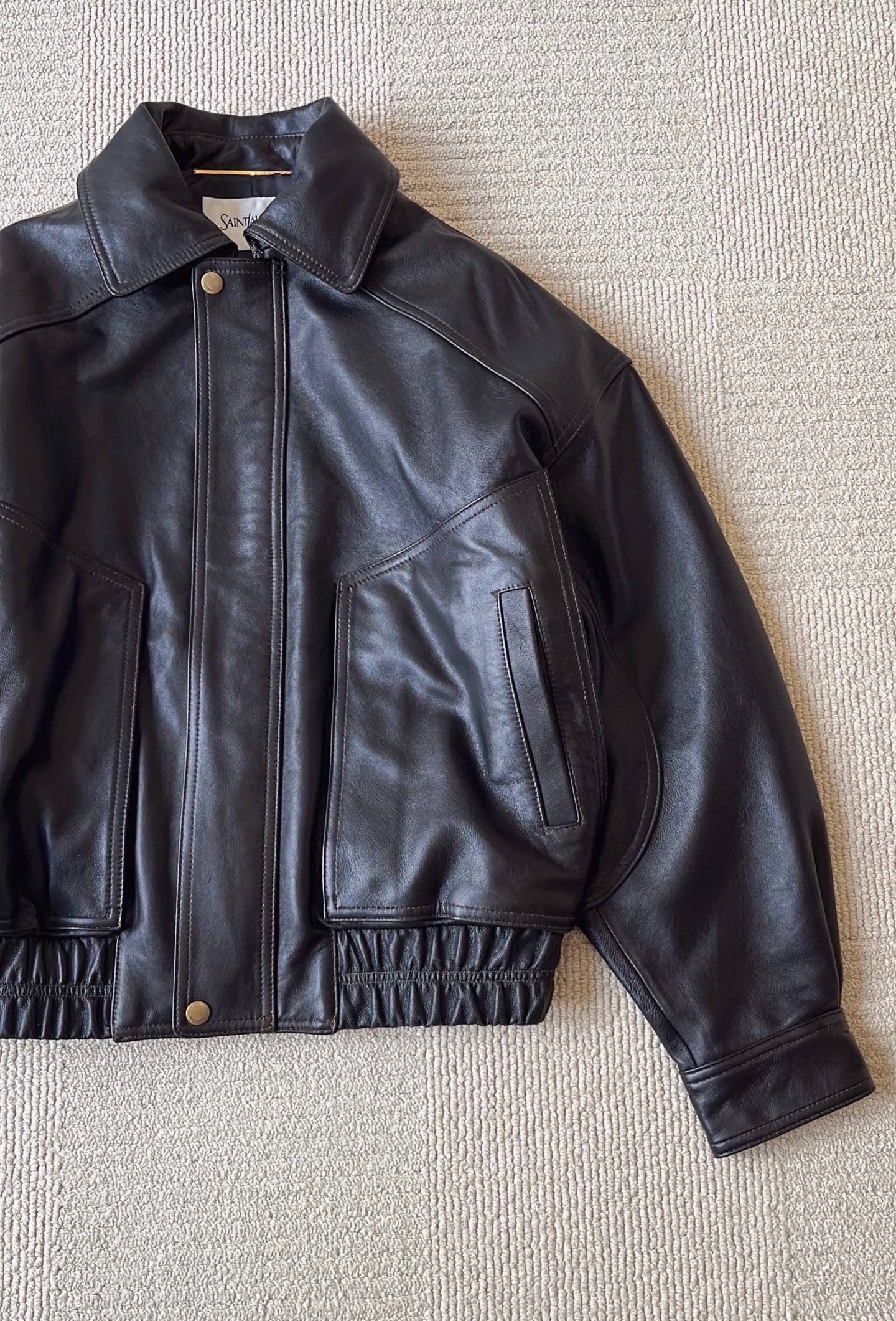 Saint Laurent Bomber Jacket in Grained Leather Dark Brown, Size 36/38/40