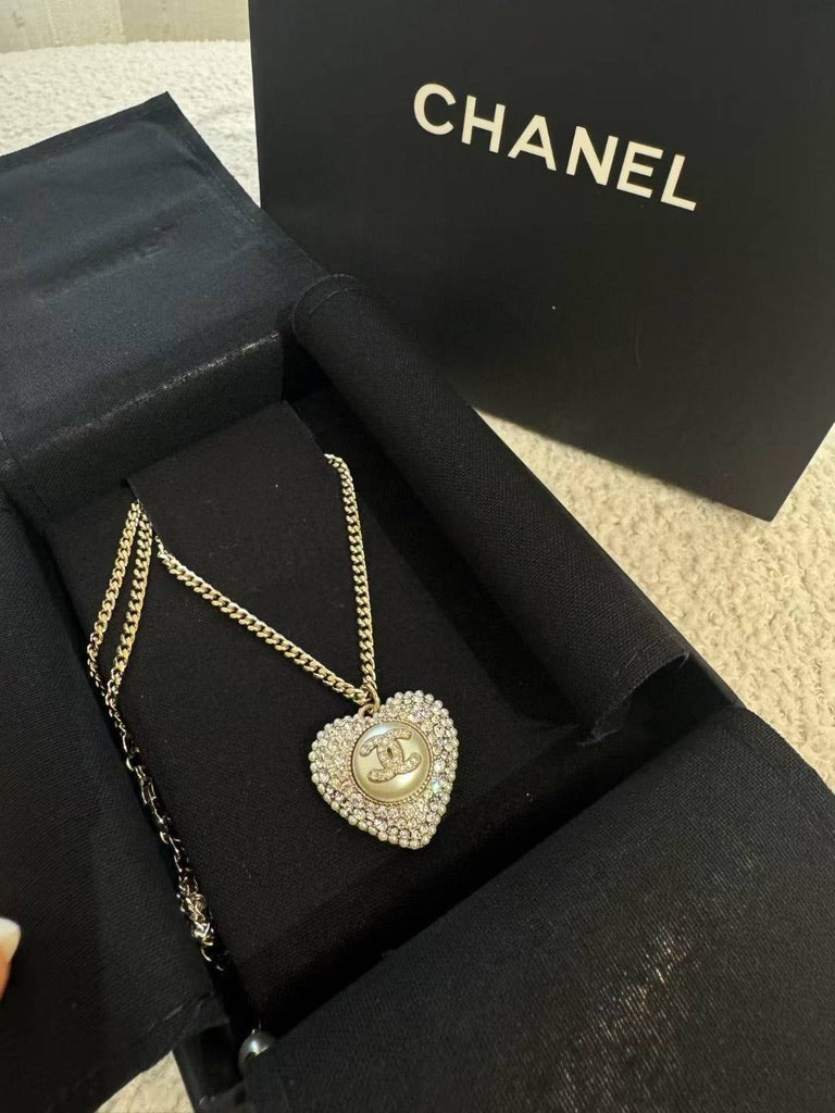 Chanel Pearl Crystal CC Heart Necklace