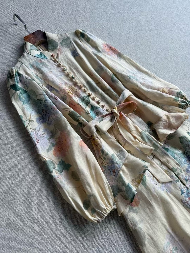 Zimmermann Peplum Belted Linen Midi Dress, Size AU 0/1