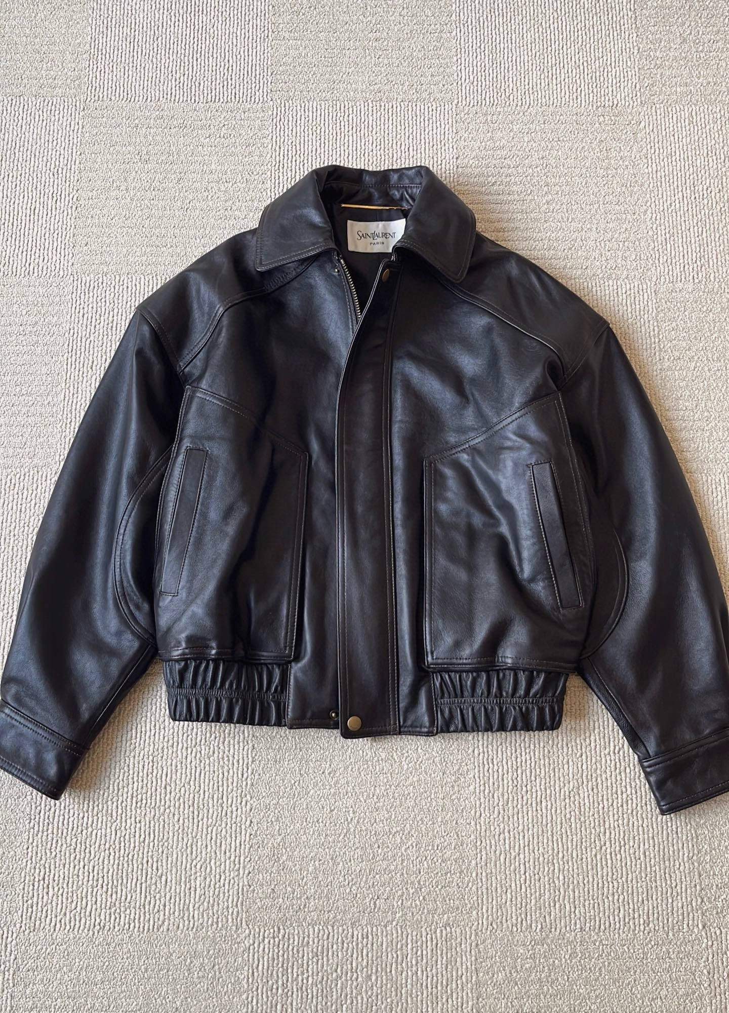 Saint Laurent Bomber Jacket in Grained Leather Dark Brown, Size 36/38/40