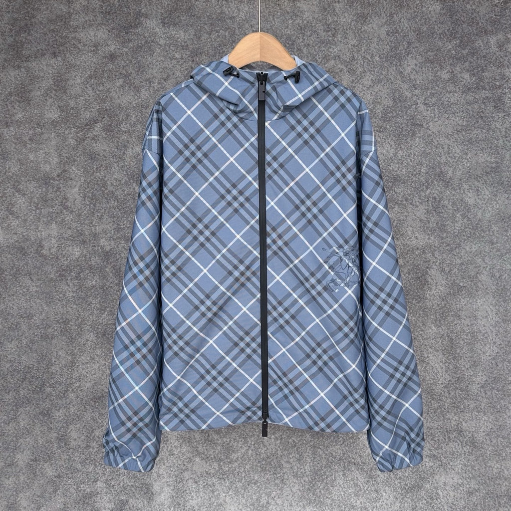 Burberry Reversible Check Jacket in Beige/Blue/Gray, Size XS/S/M/L