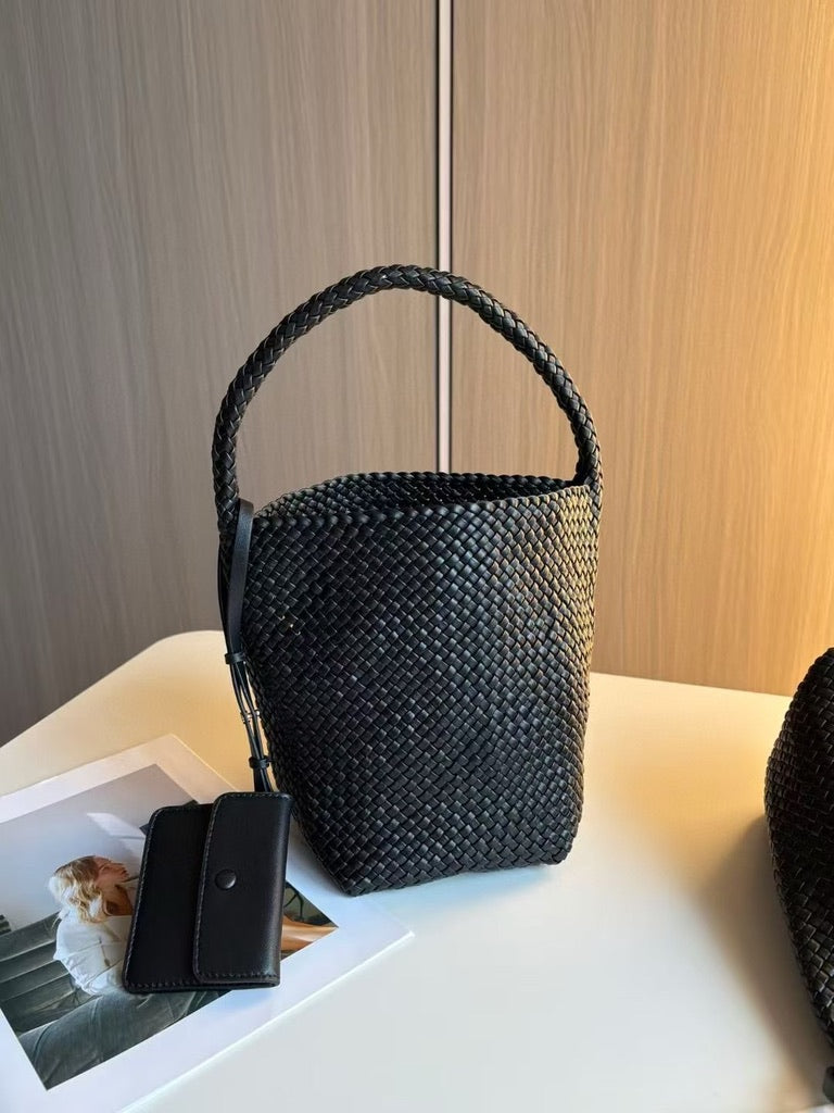 The Row Small Woven Leather Tote Bag in Black