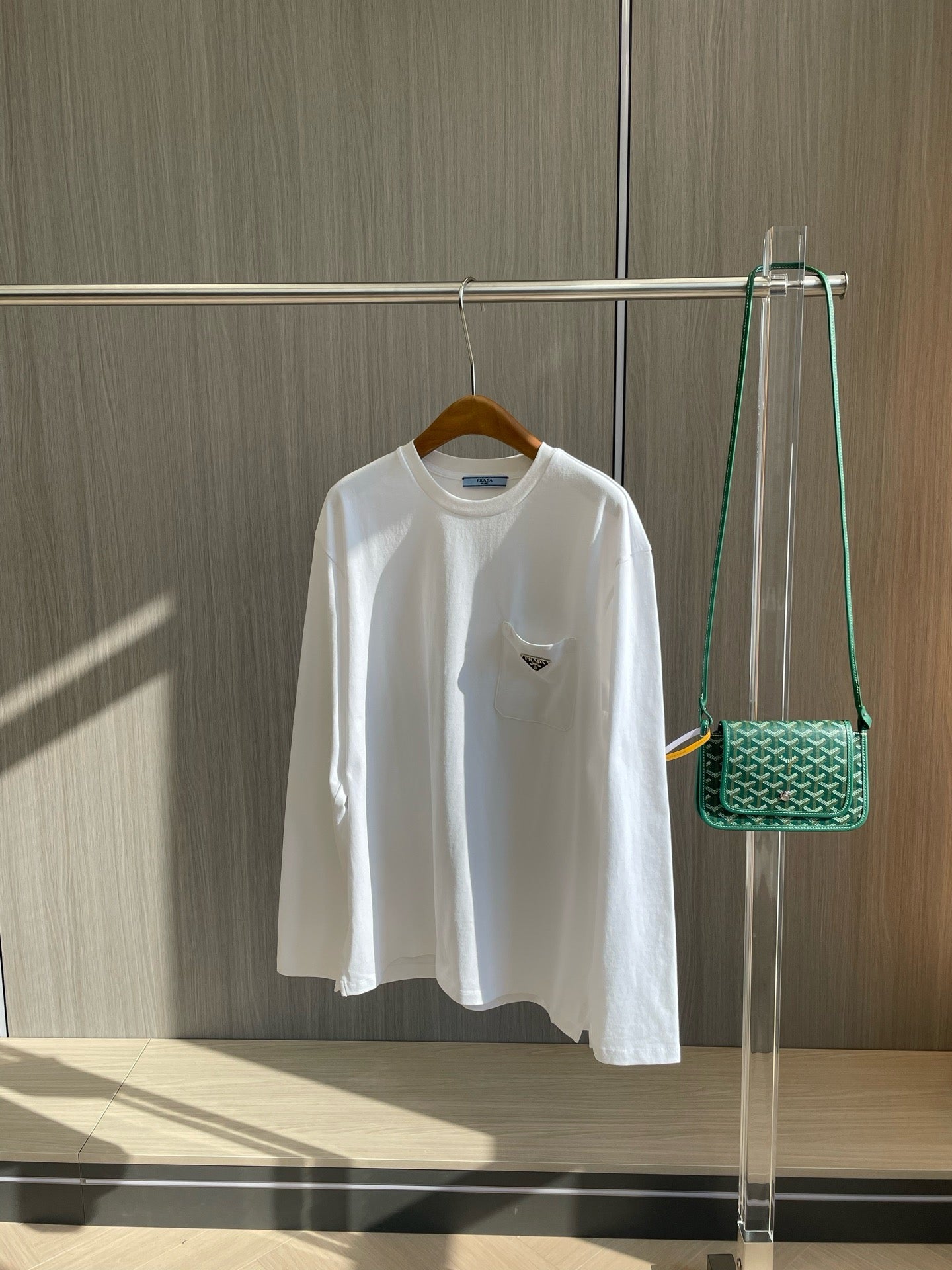 Prada Unisex Pocket Logo Long Sleeve T-Shirt in White, Size S/M/L/XL