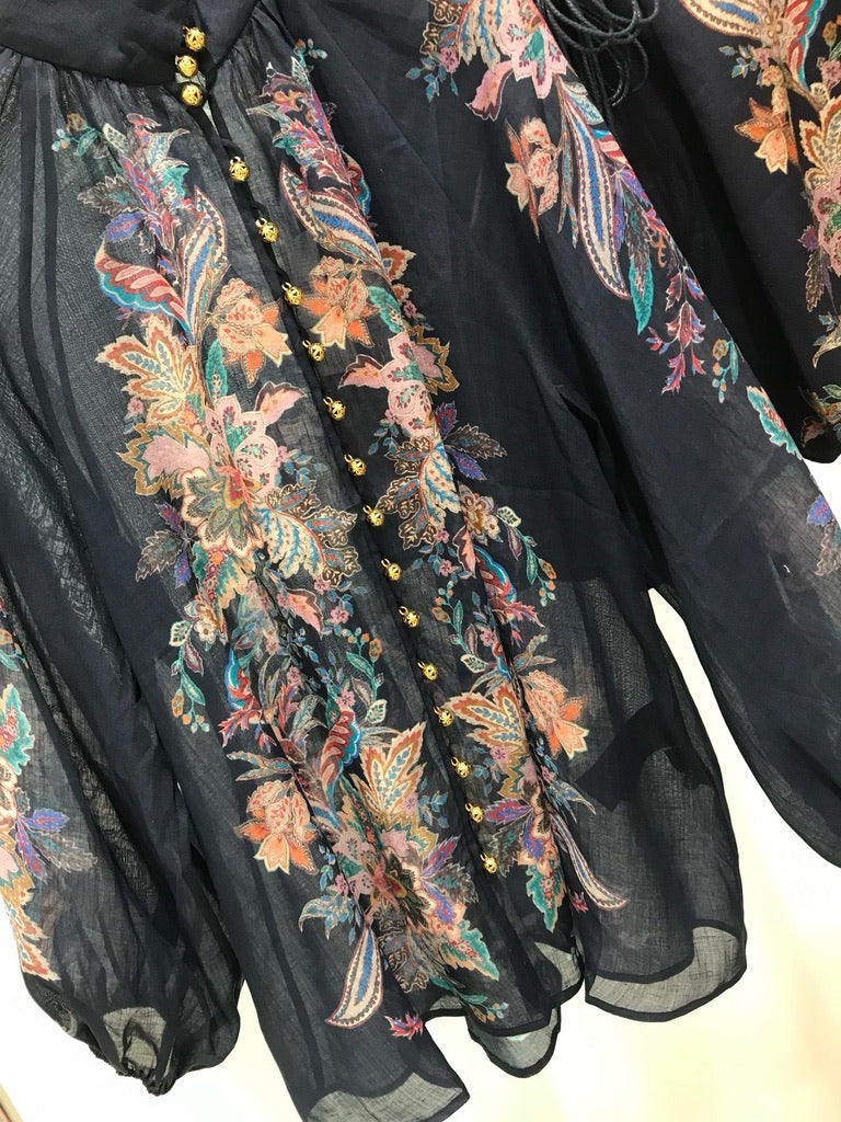 Zimmermann Floral Ramie Blouse & Belted Linen Shorts Set in Navy, Size AU 1/2/3