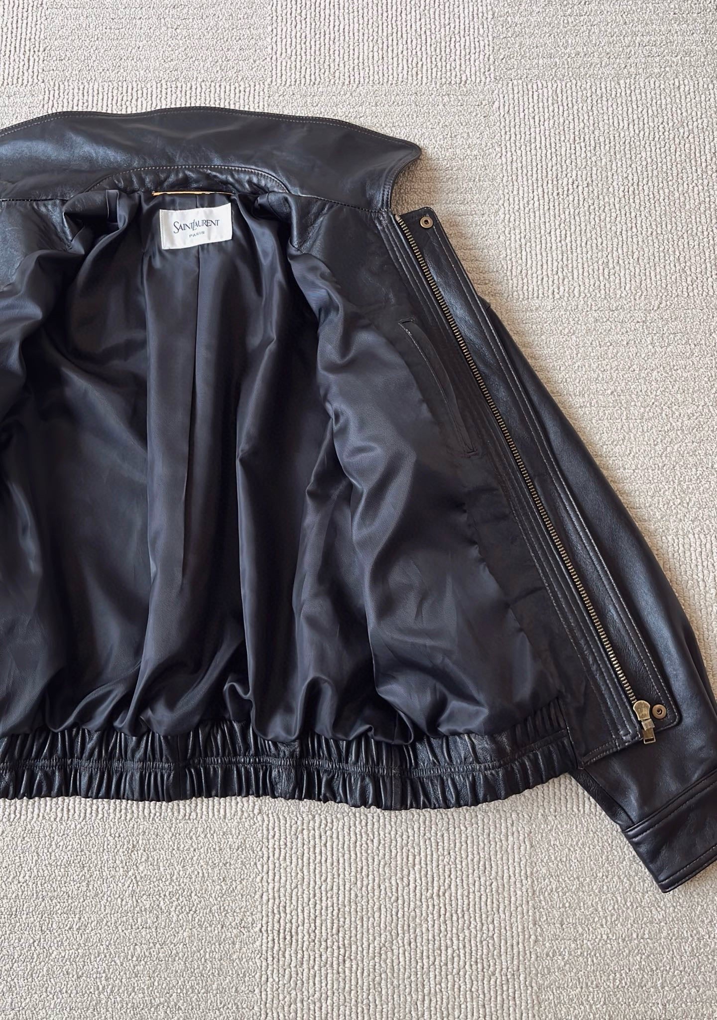 Saint Laurent Bomber Jacket in Grained Leather Dark Brown, Size 36/38/40