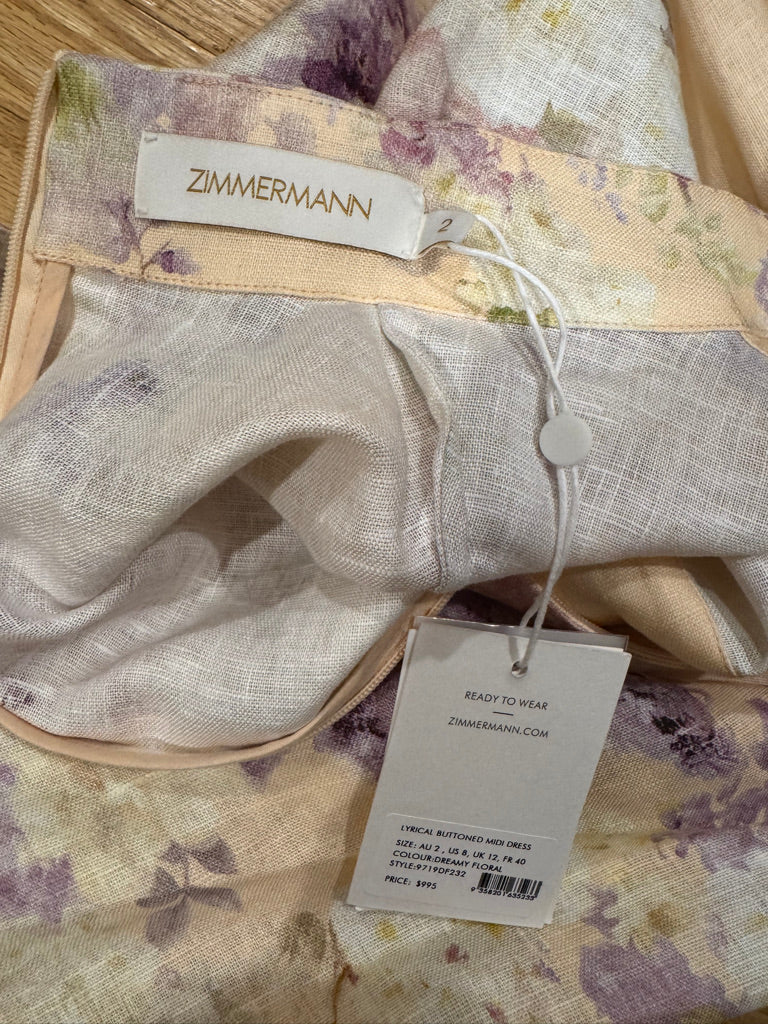Zimmermann Floral Buttoned Belted Linen Midi Dress, Size AU 1/2