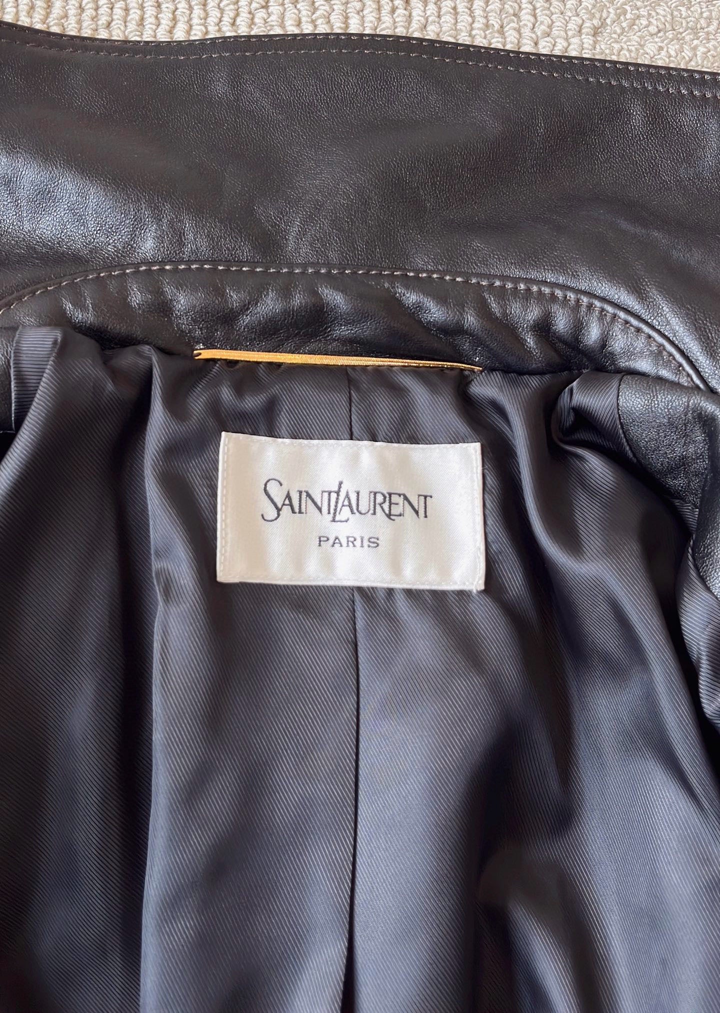 Saint Laurent Bomber Jacket in Grained Leather Dark Brown, Size 36/38/40