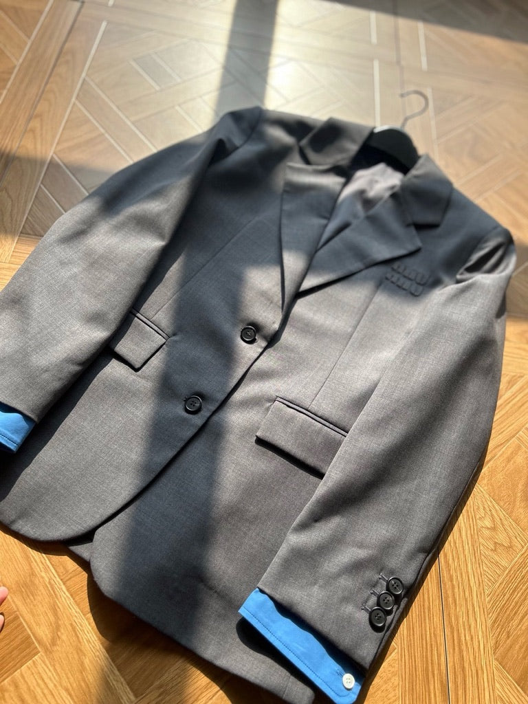 Miu Miu Logo Embroidered Oversized Wool Blazer Jacket in Gray, Size 36/38/40