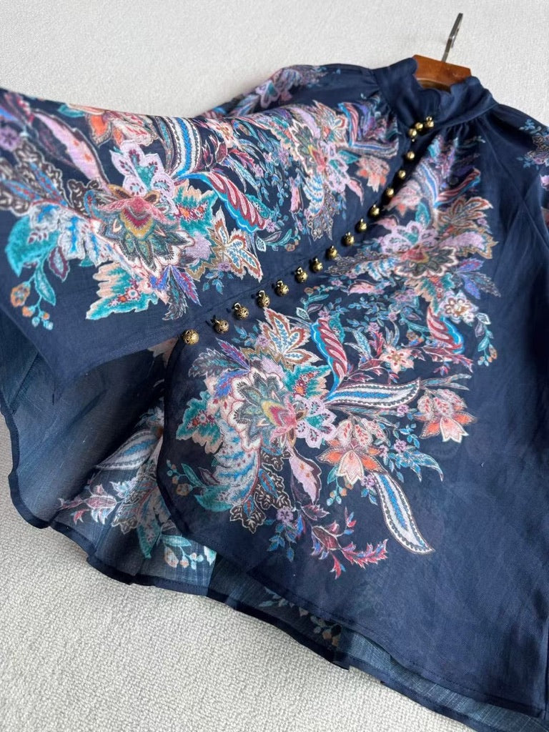 Zimmermann Floral Ramie Blouse & Belted Linen Shorts Set in Navy, Size AU 1/2/3