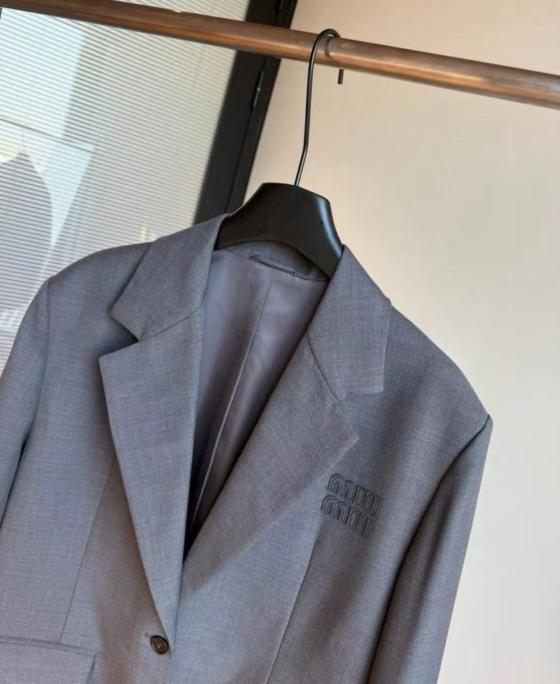 Miu Miu Logo Embroidered Oversized Wool Blazer Jacket in Gray, Size 36/38/40