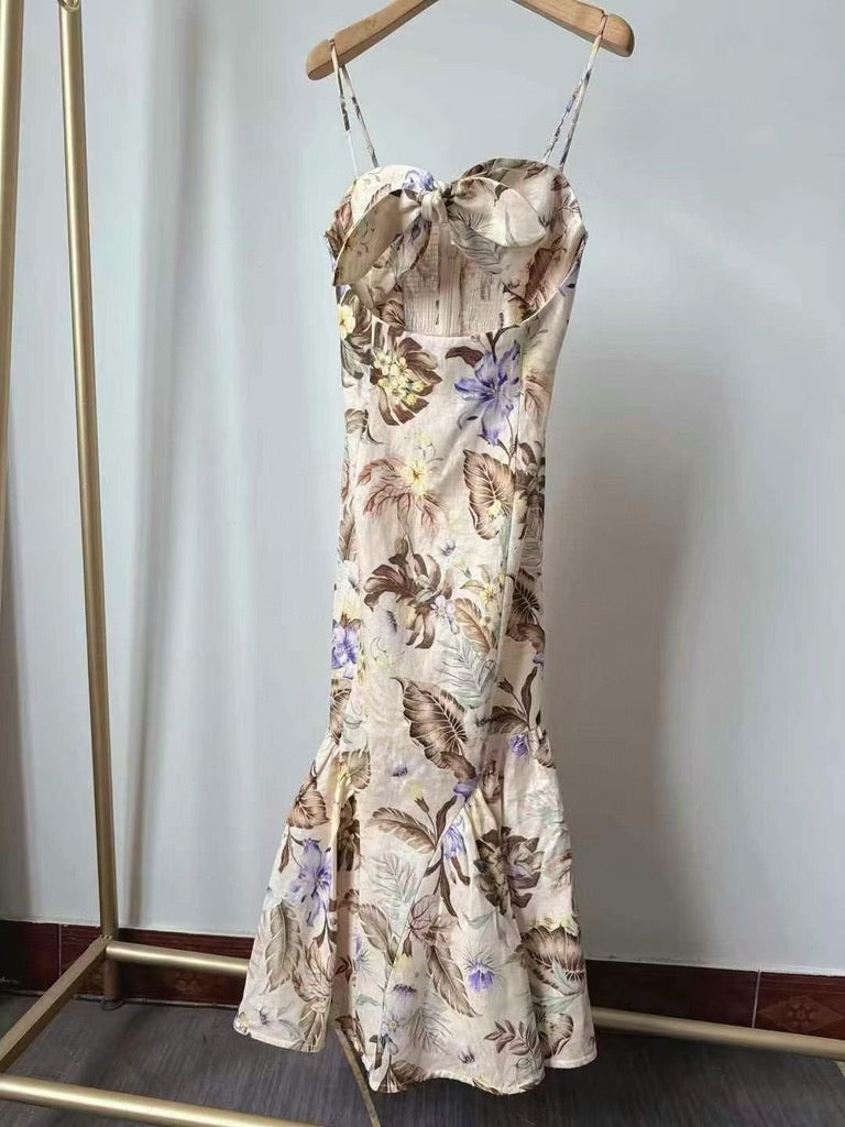 Zimmermann Bow-Embellished Cutout Floral-Print Linen Midi Dress, Size AU 0P/0/1/2/3