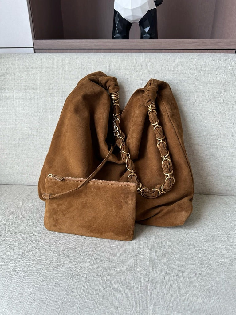 Saint Laurent Amalia Embellished Suede Shoulder Bag in Brown