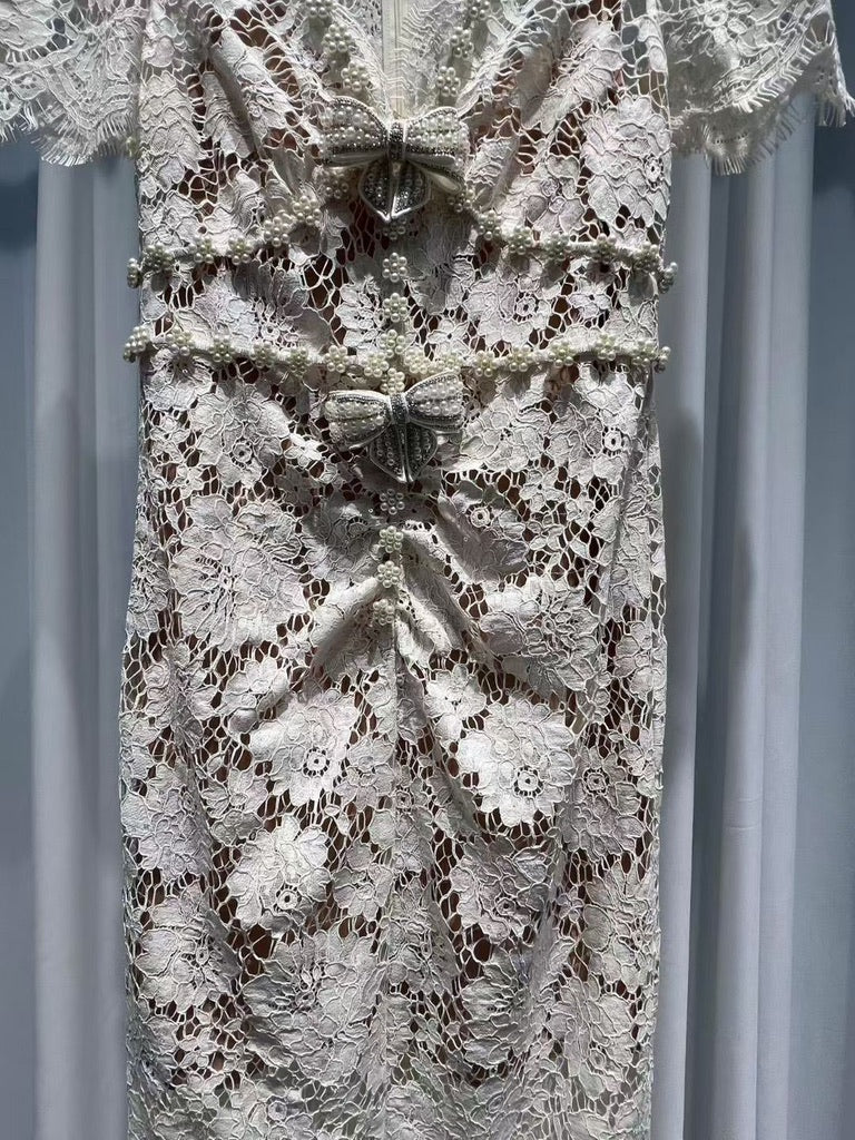 Self-Portrait Cream Fine Lace Pearl Midi Dress, Size US 2/4/6/8