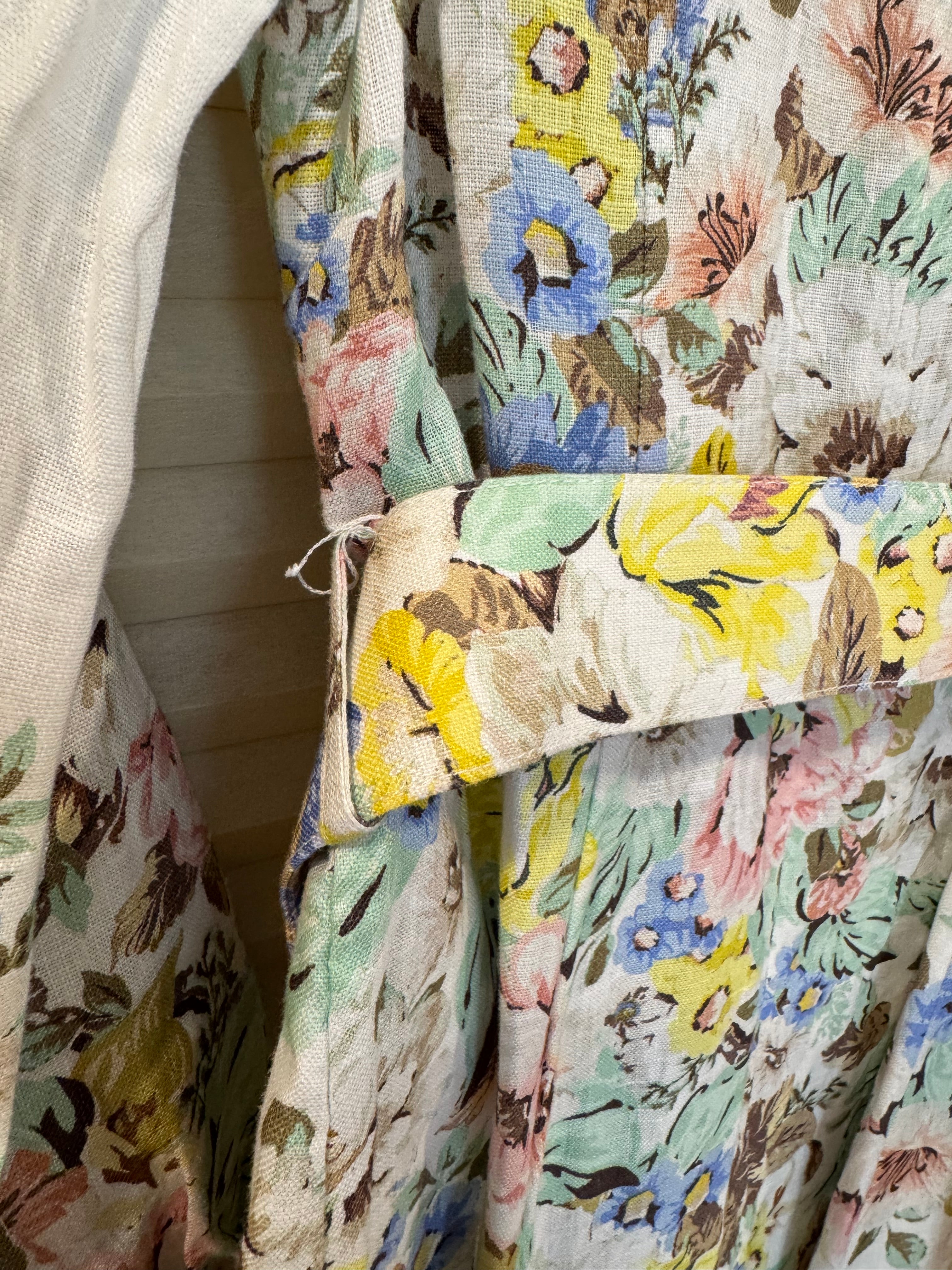 Zimmermann Floral Belted Linen Midi Dress, Size AU 2