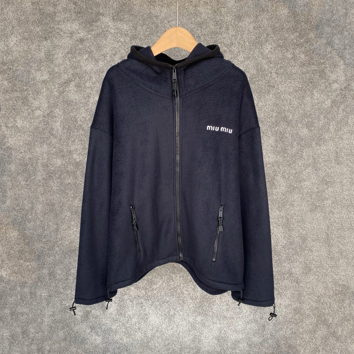 Miu Miu Cotton Fleece Zipper Hoodie in Navy, Size XS/S/M